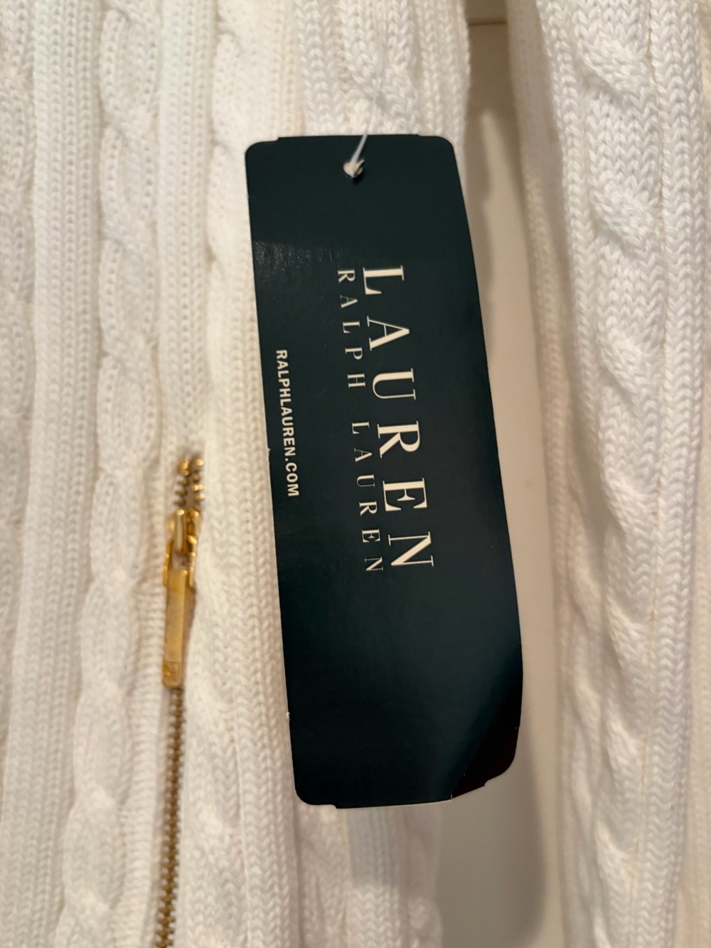 NWT Lauren Ralph Lauren White Cable-Knit Zip Cardigan with Gold Hardware - Picture 9 of 10